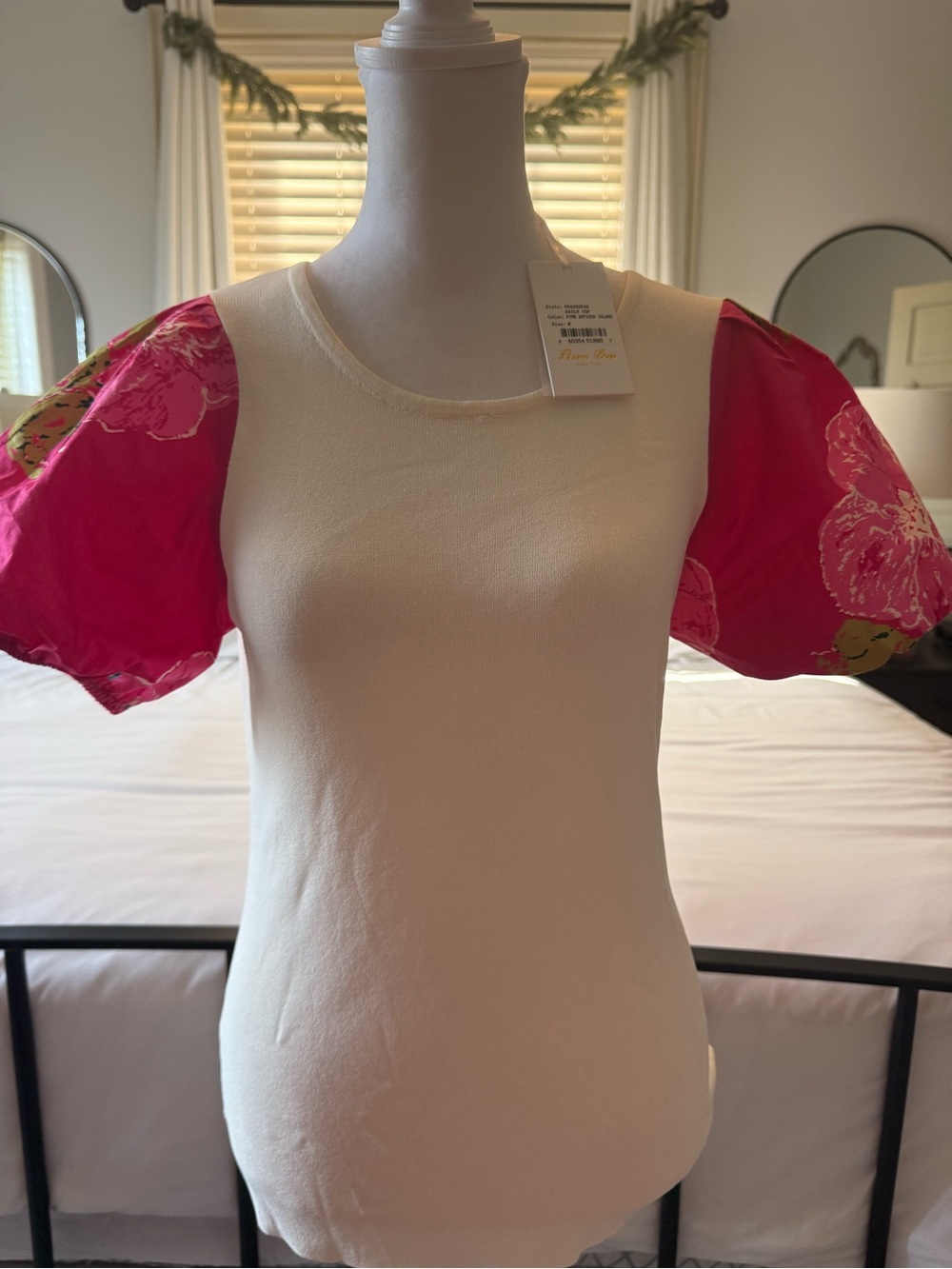 Cream Knit Top with Pink Floral Puff Sleeves